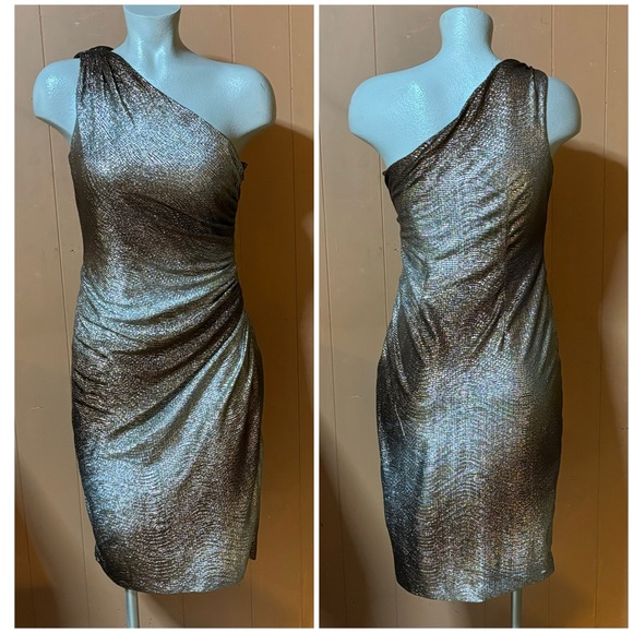 Maggy London Metallic One Shoulder Dress 6 - Picture 2 of 9
